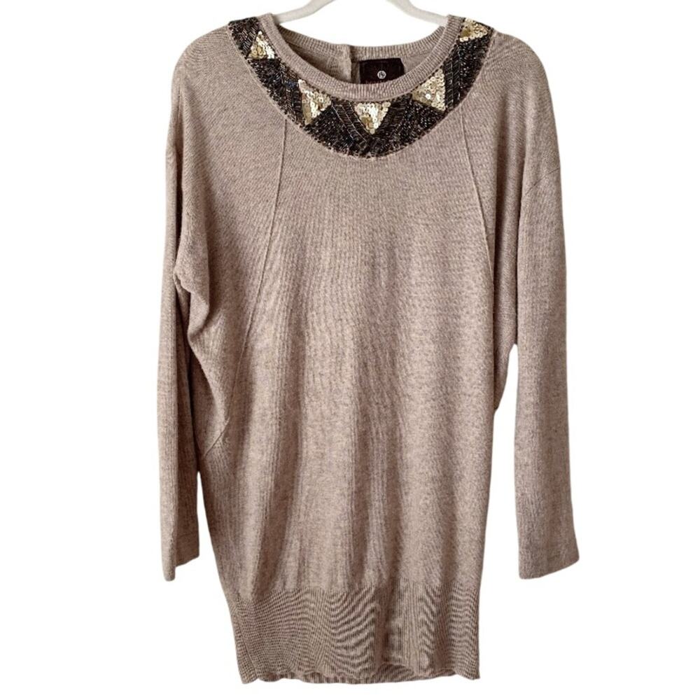 Heartloom | Wool Blend Beaded Embellished Tunic Sweater Winter Cozy Tan Small